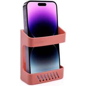 D5 Wall Mount Phone Holder, Phone Stand with Cable Charging Hole, Compatible with iPhone, TV Remote, Smartphone, Bedside Wall Caddy Remote Box Adhesive Multipurpose Storage Box (2 Pack-White)