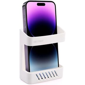 D5 Wall Mount Phone Holder, Phone Stand with Cable Charging Hole, Compatible with iPhone, TV Remote, Smartphone, Bedside Wall Caddy Remote Box Adhesive Multipurpose Storage Box (2 Pack-White)