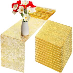 12 Pieces Gold Table Runner Metallic Thin Mesh Table Runner Roll 11 x 84 Inch Glitter Gold Table Decor Gold Wedding Party Table Runner for Event Party, Baby Shower, Birthday Table Decoration