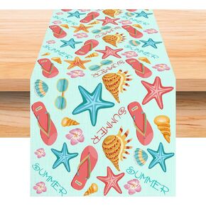 Jiudungs Linen Watercolor Beach Starfish Shell Seahorse Slipper Floral Table Runner 72 Inches Long Summer Coastal Nautical Hawaiian Party Table Decorations