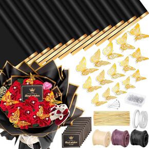 ROADPLUM 20 Sheets Flower Wrapping Paper, Black Bouquet Wrapping Paper Accessories with 100 Diamond Pins 60 Gold Butterflies 3 Ribbon 10 Cards 90 Bamboo Stick, DIY Floral Bouquet Supplies