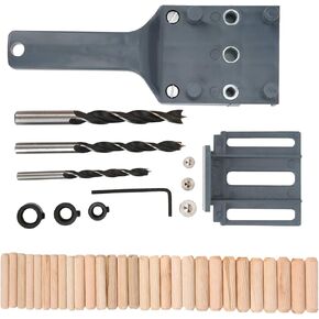 Wood Doweling Hole Drill Guide, 6 8 10 mm Dowel Jig Kit Handheld Self Centering Pocket Straight Hole Puncher Saw Tools Set Metal Sleeve Pins Bit for Joiner Working Woodworking Drilling Marking Blue