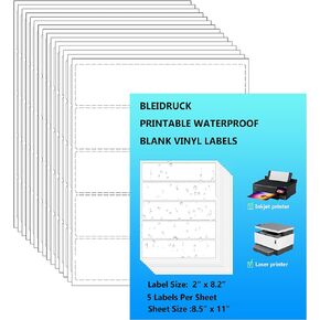 8.2"×2" Water Bottle Labels Glossy White Waterproof Vinyl Labels Printable Blank Wraparound Rectangle Labels for Inkjet or Laser Printer 75 Total Adhesive Labels