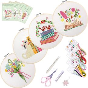 SQIALOUN Embroidery kit for Beginners, 4 Sets Embroidery Kit for Beginners Adults and Kids with Patterns,Needle Point Kits Adults Beginner, Hand Embroidery Kit, Embroidery Starter Kit