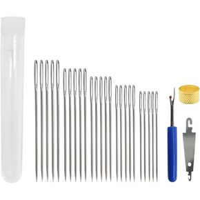 Tapestry Needles Five Sizes 14, 16, 18, 20, 24 - Large Eye Blunt Needles 25 Pcs、Stitch Removal Tool、Thimble、Threader for Cross Stich and More (Silver-28pcs)