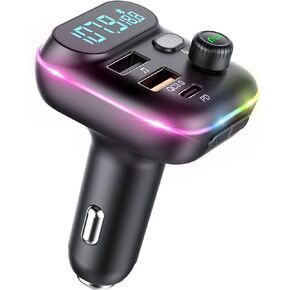 VR robot Upgraded Bluetooth FM Transmitter for Car, Wireless Bluetooth 5.0 FM Car Adapter with Dual USB Ports,Support 20W PD+QC3.0 Fast Charger, Stronger Microphone,7 Colors LED Backlit