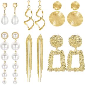 6 أزواج كليب على الأقراط للنساء الفتيات هيبوالرجينيك خفيفة الوزن شرابة نمط هندسي كليب على استرخى غير ثقب طقم من الحلقان in Kuwait