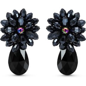 Aeravida Sparkling Prism of Black Crystal Blossom and Teardrop Clip-On Earrings | Elegant Handmade Jewelry | Handmade Clip-On Crystal Earrings | Boho Jewelry