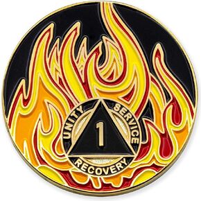 3 Year Twisted Flames Gold Plated AA Recovery Medallion/Chip - Black/Red/Orange/Yellow