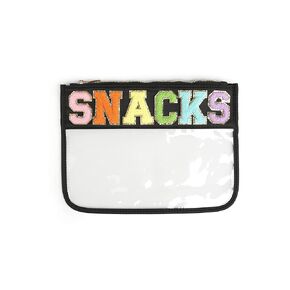 Varsity Letter Pouch Clear Zippered Bag with Chenille and Gold Patches Black Snacks