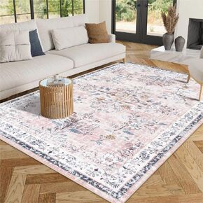 LIVEBOX 5x7 Boho Rugs for Living Room, Soft Pink Nursery Rug Non-Slip Faux Wool Rug, Ultra-Thin Washable Area Rug for Girls Room, Non-Shedding Floral Rug Living Room Rug for Dining Room