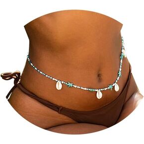Boho Green Starfish Shell Tassel Waist Chain Jewelry Sexy Simple Beaded Belly Body Chain Summer Beach Beads Body Chain Bikini Festival Waist Body Jewelry for Women(Shell)