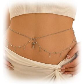 Sexy Multi-layered Rhinestone Waist Chain with Dangle Belly Rings Summer Beach Crystal Beads Button Chain Navel Piercing Belly Ring Chain Bikini Rave Belly Body Chain Jewelry for Women Girls
