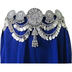 عرض سدادة القبلية فيوجن الرقص الشرقي عملة شرابة هامش الحزام | سلسلة معدنية مصنوعة يدويًا من الفضة ميداليات كونشو منحوتة | مجوهرات الغجر بوهو خمر البوهيمي in Kuwait