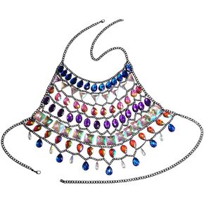 Boho Body Chain Sexy Rhinestone Waist Chains Sequins Tassel Bra Chain Party Rave Nightclub Body Accessories for Women and Girls (Colorful)
