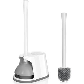 Toilet Plunger and Brush Set, Silicone Bowl Brush and Heavy Duty Toilet Plunger with Ventilated Holder, 2-in-1 Toilet Brush and Plunger Combo for Bathroom Deeply Cleaning (1, White & Grey01)