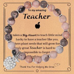Teacher Appreciation Gifts, Inspirational Bracelets for Women Men Natural Stone Healing Bead Bracelet Apple Charm Thank You Gifts for Teacher Retirement Graduation Birthday with Gift Box Message Card