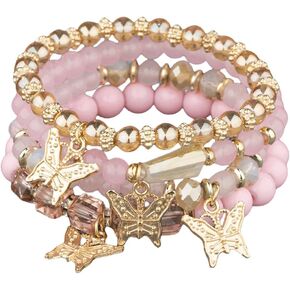 4Pcs Set Bohemian Butterfly Crystal Stone Stretch Pendant Bracelets for Women Girls Gold Beaded Stackable Stretch Bracelet Colorful Charm Jewelry Boho Summer Beach