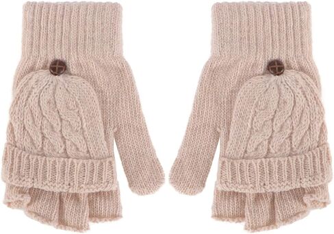 قفازات نسائية شتوية دافئة من الصوف المحبوك بدون أصابع مع غطاء قفاز (بيج) in Kuwait