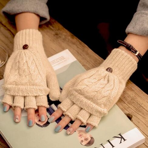 قفازات نسائية شتوية دافئة من الصوف المحبوك بدون أصابع مع غطاء قفاز (بيج) in Kuwait
