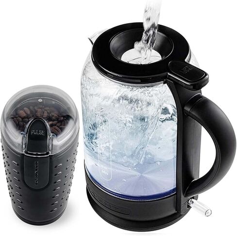 OVENTE 2 in 1 Brew Set with Electric Glass Hot Water Kettle 1.5 Liter with ProntoFill Technology + 2.5 Ounce Electric Grinder for Coffee, Spices, or Herbs, Red in Saudi Arabia