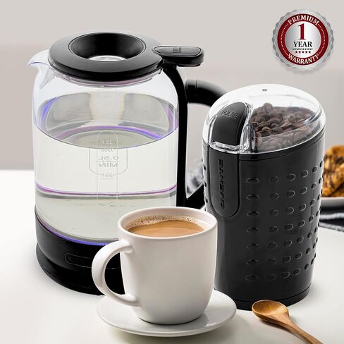 OVENTE 2 in 1 Brew Set with Electric Glass Hot Water Kettle 1.5 Liter with ProntoFill Technology + 2.5 Ounce Electric Grinder for Coffee, Spices, or Herbs, Red in Saudi Arabia
