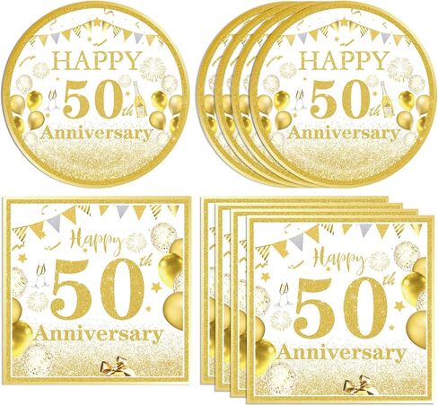 40 قطعة من ديكورات الذكرى السنوية الخمسين للزفاف باللونين الأبيض والذهبي اللامع مجموعة أدوات المائدة للذكرى الخمسين السعيدة تتضمن أطباق ومناديل للتشجيع حتى 50 عامًا لوازم حفلات أعياد الميلاد والزفاف 50 عامًا in Kuwait