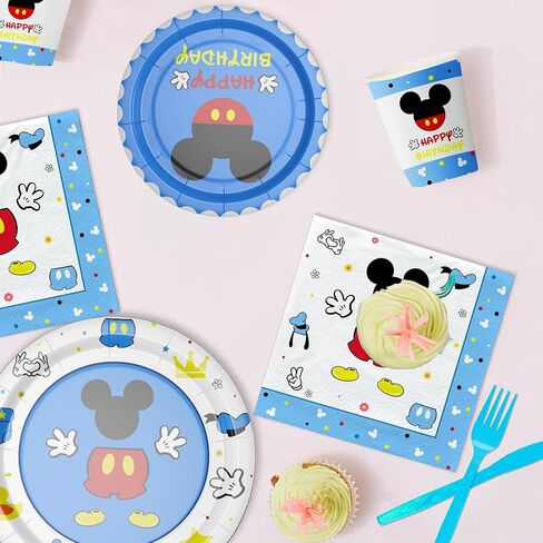 لوازم حفلات عيد ميلاد ميكي للصبي - ديكورات حفلات ميكي ماوس أدوات المائدة، طبق، كوب، منديل، مفرش طاولة، أدوات مائدة، أدوات مائدة لتزيين عيد الميلاد الثالث والثالث من ميكي | يخدم 24 in Kuwait