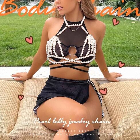 Bodiy Pearl Body Chain Bra Chest Chains Bikini Beach Party Club Body Jewelry Rave Accessory Festival Body Chains for Women and Girls in Saudi Arabia