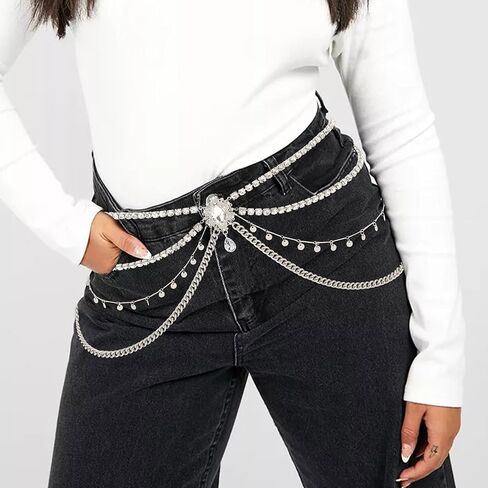 ELABEST Rhinestone Layered Chain Belt Sequin Waist Chain Body Chain Jewelry for Women and Girls in Saudi Arabia