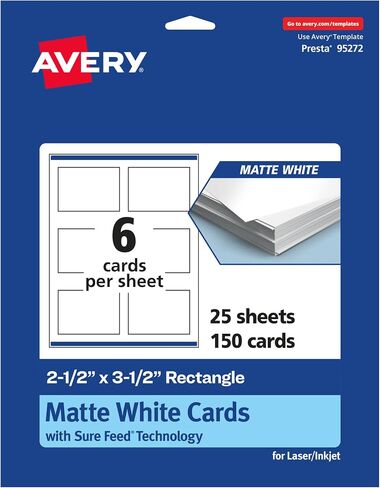 Avery Printable Rectangle Cards with Sure Feed Technology, 2.5" x 3.5", Matte White Cardstock, Print-to-the-Edge, Laser/Inkjet Cards, 150 Total in Kuwait