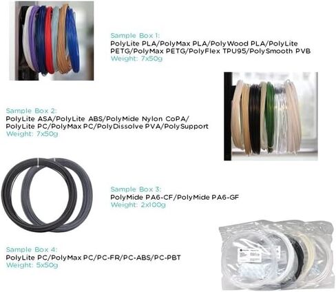 Polymaker Sample Box 1, 1.75mm 3D Printer Filament Samples, PLA, Tough PLA, PETG, Tough PETG, TPU95, PolyWood Wood Mimic PLA, PolySmooth PVB, Random Colors, 7X50g in Saudi Arabia