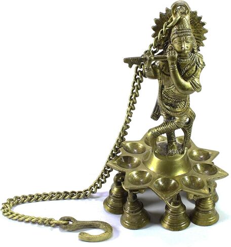 لوحة حائط eCraftIndia 'Lord Krishna Playing Flute' مع 9 فتيل زيتي (نحاس، 12 سم × 23 سم، بني، BGKDB101) in Kuwait