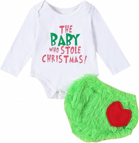 Toddler Baby Boy Girl Christmas Outfit Long Sleeve Romper Onesie Green Monster Cosplay Xmas Clothes (Short Green, 12-18 Months) in Kuwait