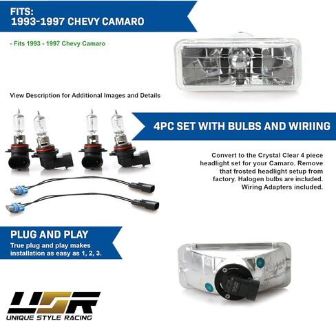 USR H4351/H4352 المصابيح الأمامية ذات الشعاع المختوم - مع ترقية LED كاملة - مصابيح أمامية منخفضة + عالية الشعاع 2 × 5 بوصة متوافقة مع شيفروليه كامارو 1993-1997 (نمط الكريستال الأوروبي 4 قطع مع مصابيح 4xLED) in Saudi Arabia