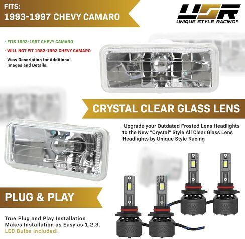 USR H4351/H4352 المصابيح الأمامية ذات الشعاع المختوم - مع ترقية LED كاملة - مصابيح أمامية منخفضة + عالية الشعاع 2 × 5 بوصة متوافقة مع شيفروليه كامارو 1993-1997 (نمط الكريستال الأوروبي 4 قطع مع مصابيح 4xLED) in Kuwait
