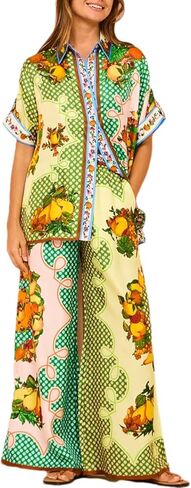 طقم بيجامة نسائي مكون من قطعتين بأكمام قصيرة وأزرار سفلية برباط وواسعة الساق وسراويل طويلة أطقم ملابس نوم in Kuwait