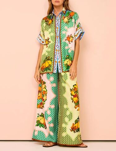 طقم بيجامة نسائي مكون من قطعتين بأكمام قصيرة وأزرار سفلية برباط وواسعة الساق وسراويل طويلة أطقم ملابس نوم in Kuwait