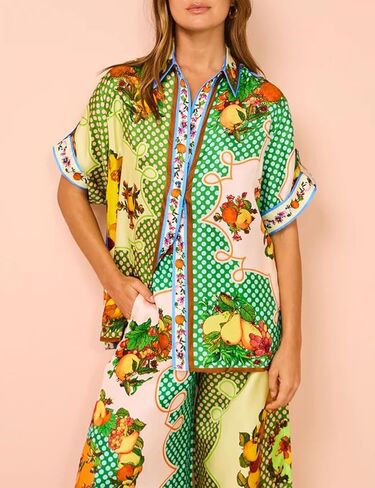 طقم بيجامة نسائي مكون من قطعتين بأكمام قصيرة وأزرار سفلية برباط وواسعة الساق وسراويل طويلة أطقم ملابس نوم in Kuwait