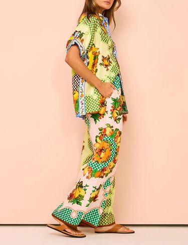 طقم بيجامة نسائي مكون من قطعتين بأكمام قصيرة وأزرار سفلية برباط وواسعة الساق وسراويل طويلة أطقم ملابس نوم in Kuwait