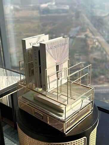 منظم مكتب ملحقات سطح المكتب منظم ملفات لتخزين المكتب والأدراج للوازم المكتبية والورق والأجهزة والمجلدات وحامل ملفات المكتب ومنظم مكتب صغير (ذهبي) in Kuwait