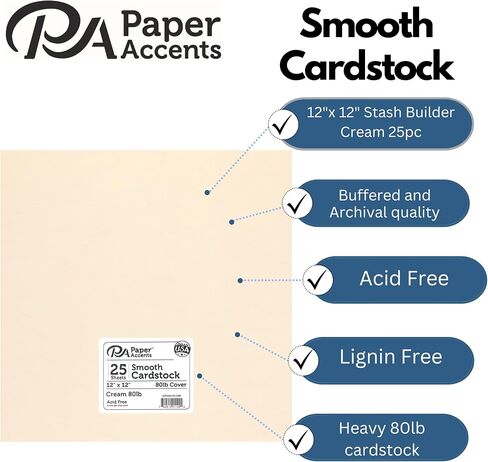 PA Paper Accents Smooth Cardstock 12" x 12" Cream, 80lb Colored cardstock Paper for Card Making, Scrapbooking, Printing, Quilling and Crafts, 25 Piece Pack in Saudi Arabia