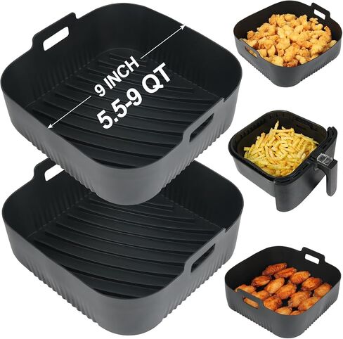 بطانات مقلاة هوائية من السيليكون مربعة مقاس 9 بوصة من BYKITCHEN من 5.5 إلى 9 QT، مجموعة من 2، إدراج صينية مقلاة هوائية من السيليكون قابلة لإعادة الاستخدام، ملحقات مقلاة الهواء لكورسوري، جورميا، فورتكس، باور XL والمزيد in Kuwait