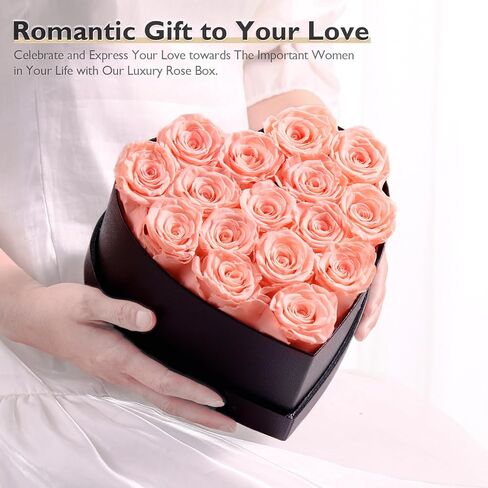 زهور إترفيلد إلى الأبد في صندوق على شكل قلب، ورود محفوظة تدوم لأكثر من عام، هدايا للأم والزوجة وعيد الحب وعيد الأم (صندوق أسود، 16 وردة شامبانيا) in Kuwait