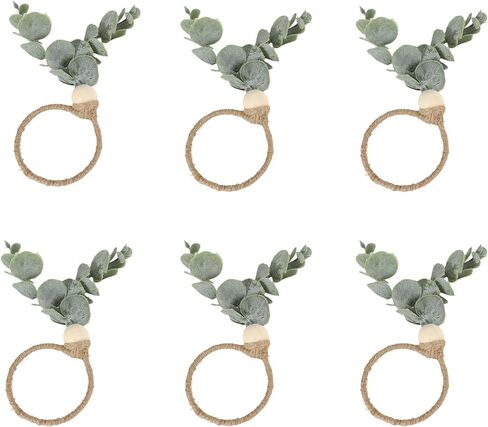 مجموعة حلقات مناديل الربيع مكونة من 6 قطع، حلقة منديل أوراق عيد الفصح الخضراء الريفية وأوراق الأوكالبتوس الصناعية وحوامل مناديل خشبية من الخرز الخشبي من أجل ديكور طاولة حفلات الزفاف in Kuwait