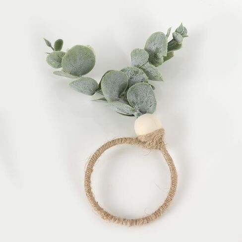 مجموعة حلقات مناديل الربيع مكونة من 6 قطع، حلقة منديل أوراق عيد الفصح الخضراء الريفية وأوراق الأوكالبتوس الصناعية وحوامل مناديل خشبية من الخرز الخشبي من أجل ديكور طاولة حفلات الزفاف in Kuwait