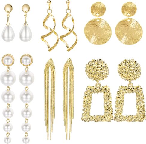 6 أزواج كليب على الأقراط للنساء الفتيات هيبوالرجينيك خفيفة الوزن شرابة نمط هندسي كليب على استرخى غير ثقب طقم من الحلقان in Kuwait