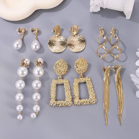 6 أزواج كليب على الأقراط للنساء الفتيات هيبوالرجينيك خفيفة الوزن شرابة نمط هندسي كليب على استرخى غير ثقب طقم من الحلقان in Kuwait