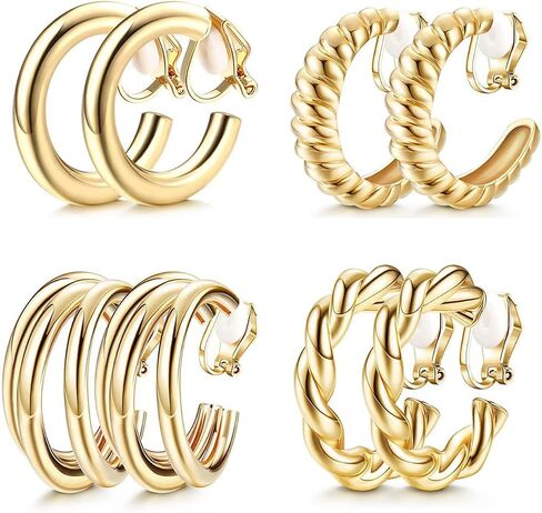 2/4 Pairs Gold Clip on Earrings Women 14K Gold Plated Clip on Hoop Earrings Twist Round Chunky Hoop Earrings Clip on Earrings No Piercing Fake Earrings Jewelry Gifts in Saudi Arabia