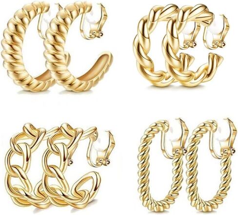 2/4 Pairs Gold Clip on Earrings Women 14K Gold Plated Clip on Hoop Earrings Twist Round Chunky Hoop Earrings Clip on Earrings No Piercing Fake Earrings Jewelry Gifts in Saudi Arabia